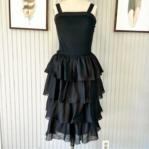 St John for Bergdorf Black Ballerina Ruffled Tiered Cocktail MIDI Dress